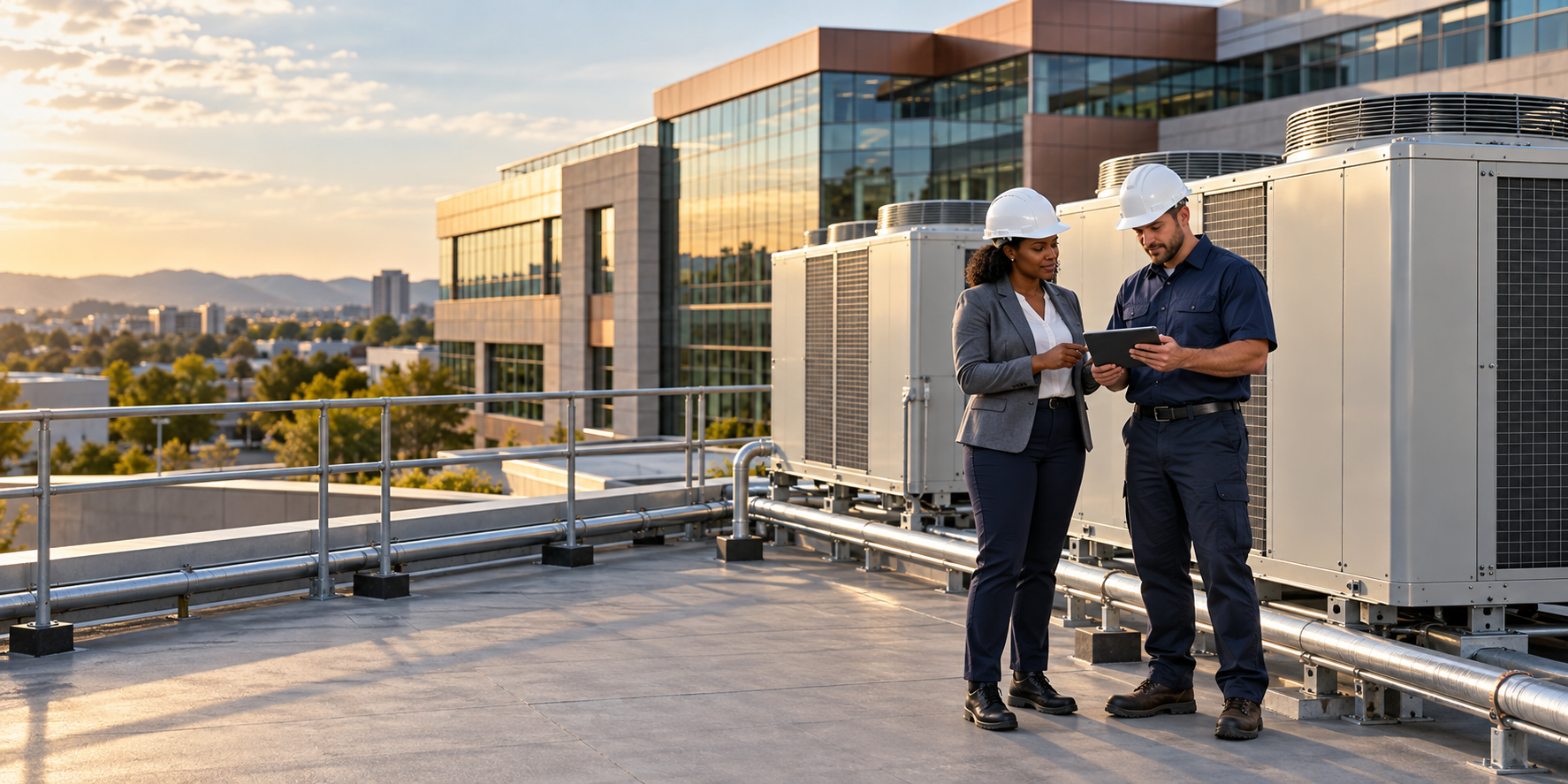 Illustrative commercial HVAC equipment and two professionals reviewing a service plan on a building rooftop