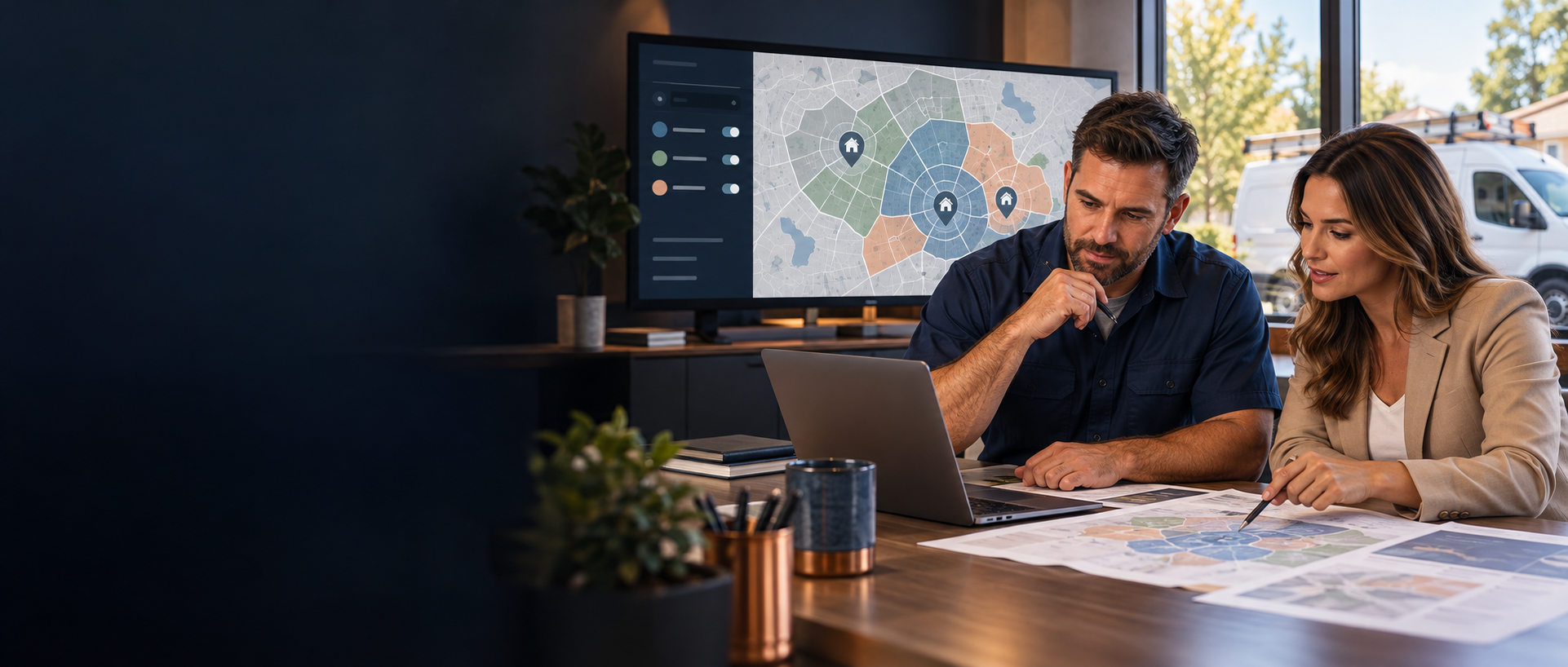 Illustrative HVAC business owner and strategist reviewing local service areas and campaign planning